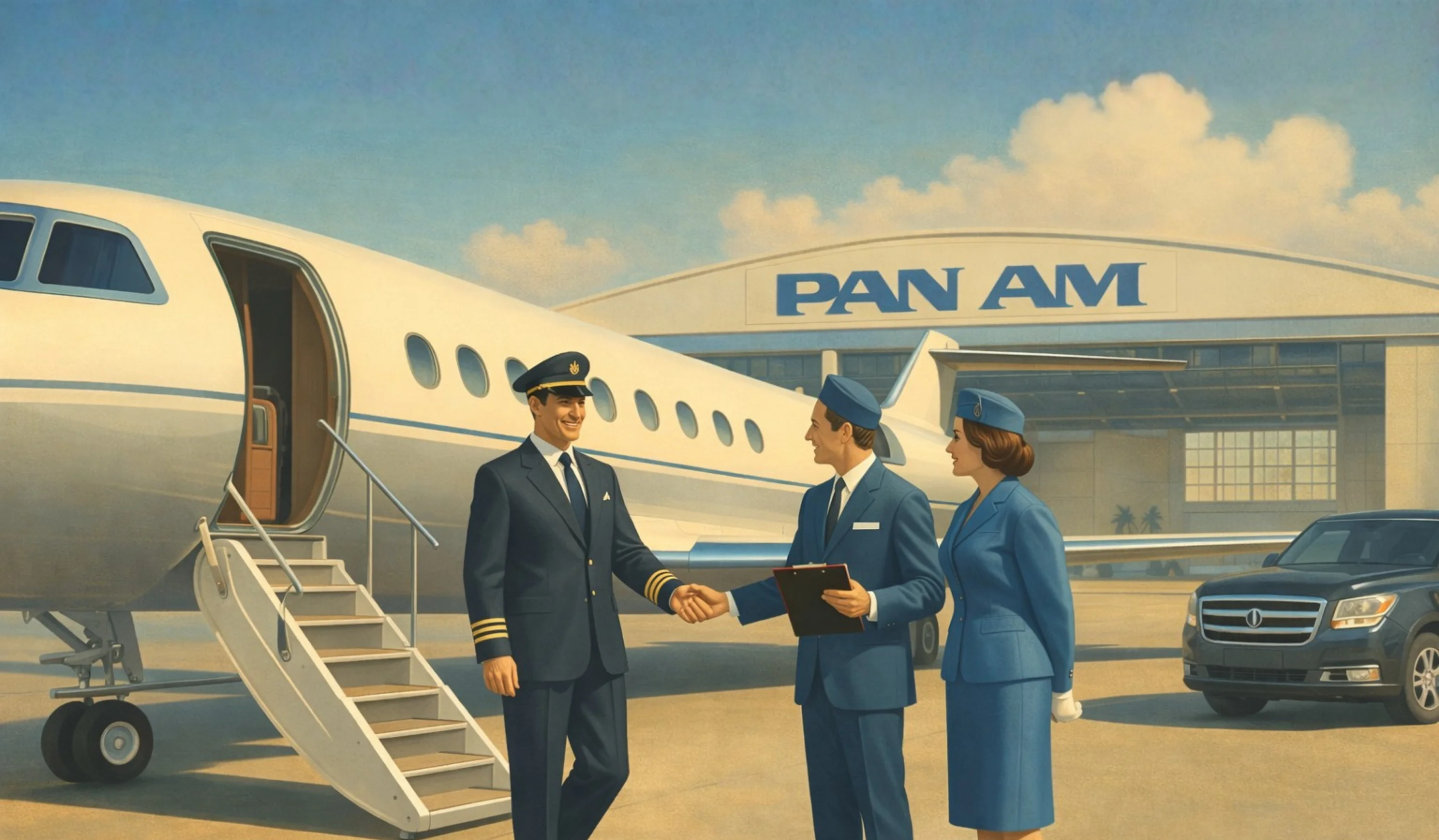 Pan Am pilot shaking hands with a ground crew member beside a stewardess near a private jet and a black SUV at an airport hangar.