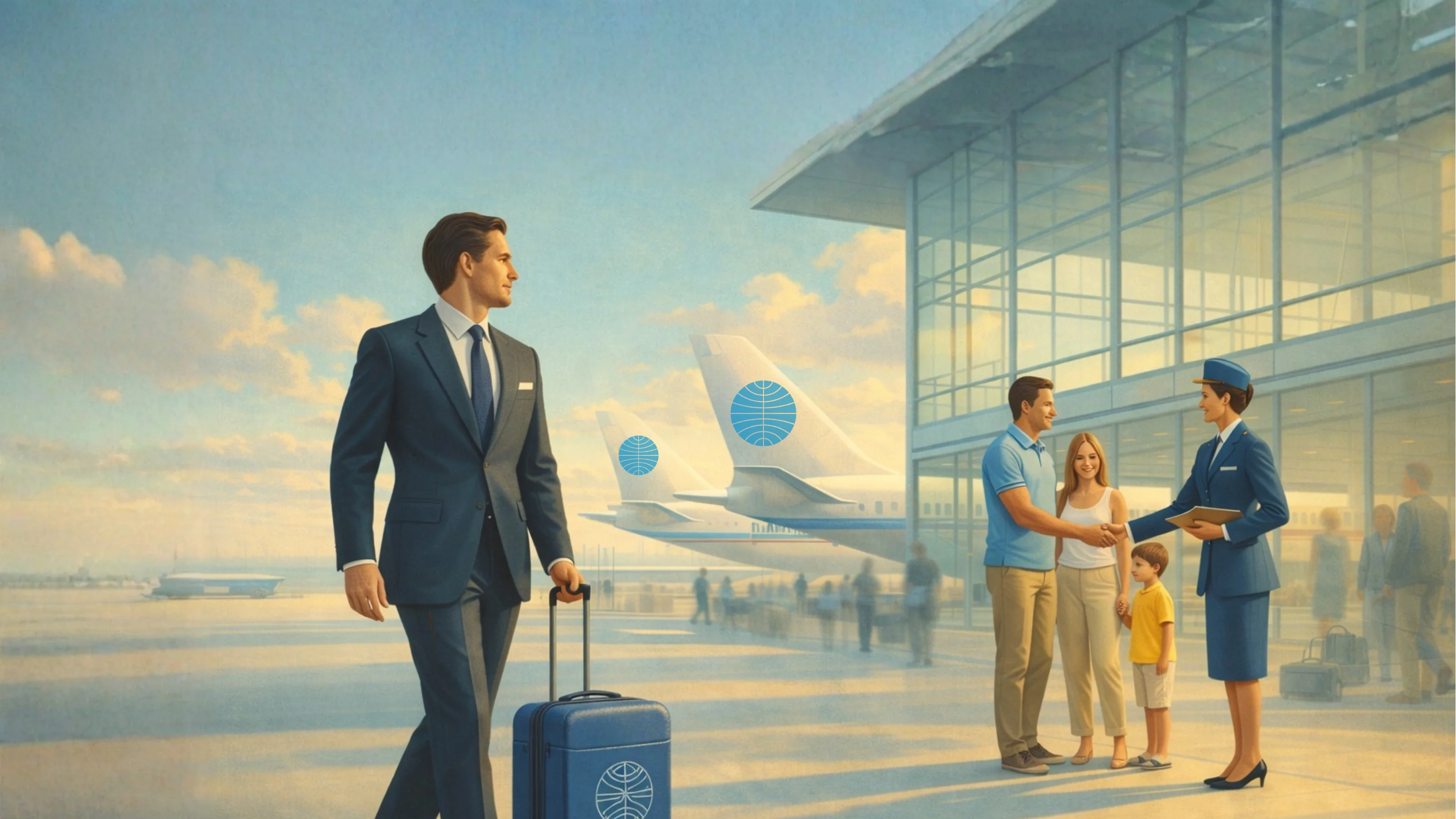 Man in a suit walking with luggage at an airport while a family greets a female flight attendant near airplanes and a glass terminal.