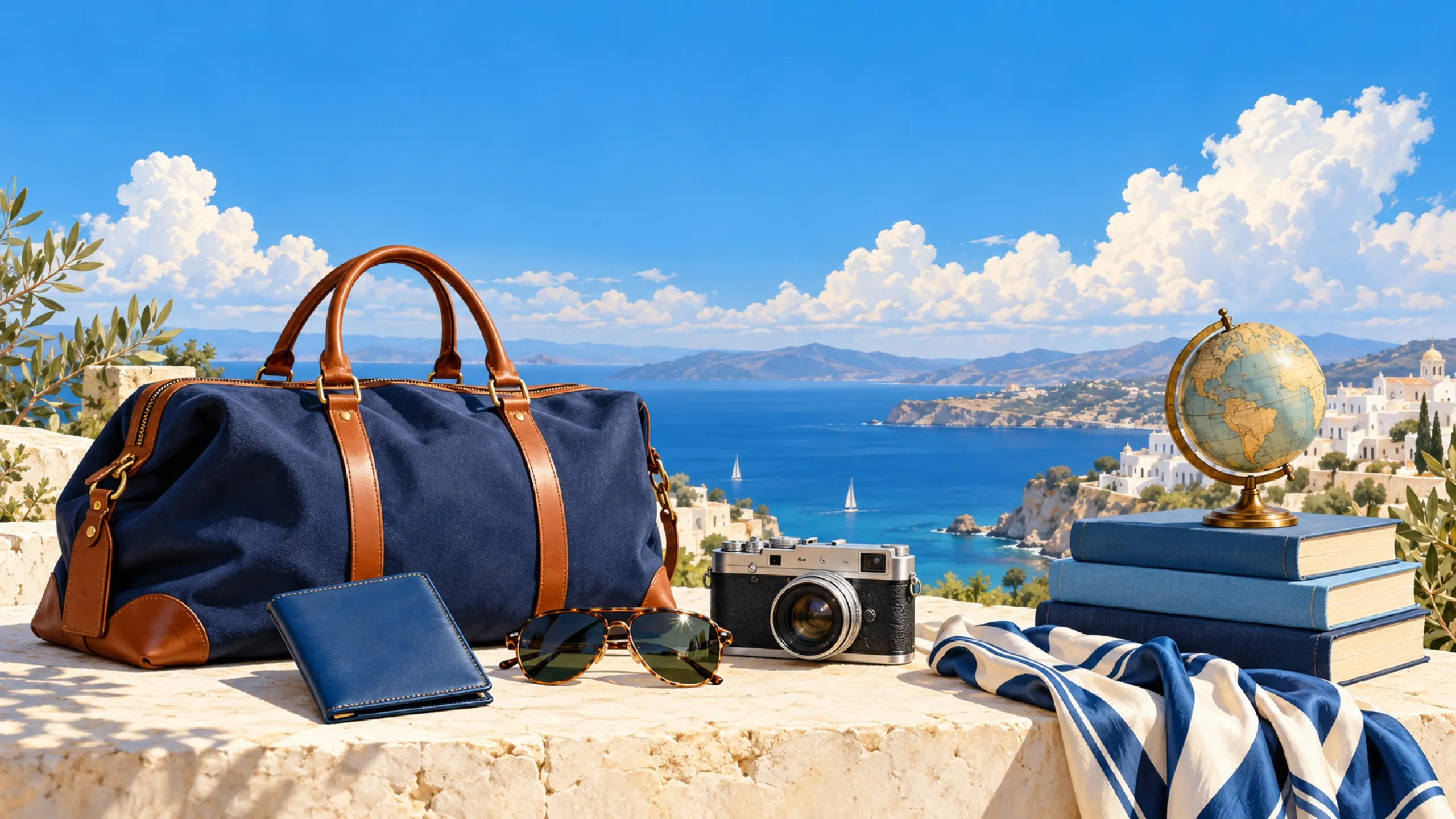 Navy weekender bag, passport wallet, sunglasses, camera, striped scarf, desk globe and books on a stone ledge above a blue sea.