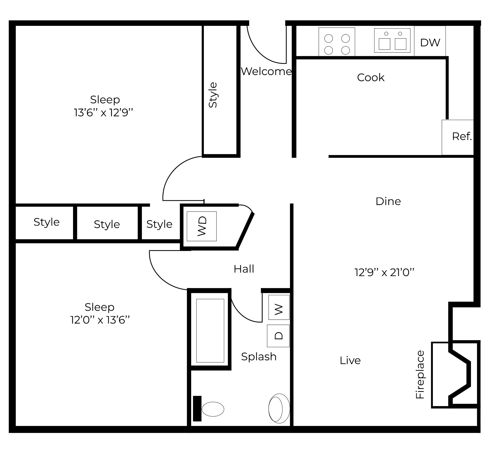 2 Bedroom 2 Bathroom Floor Plan Layout - Aztec Villa Apartments