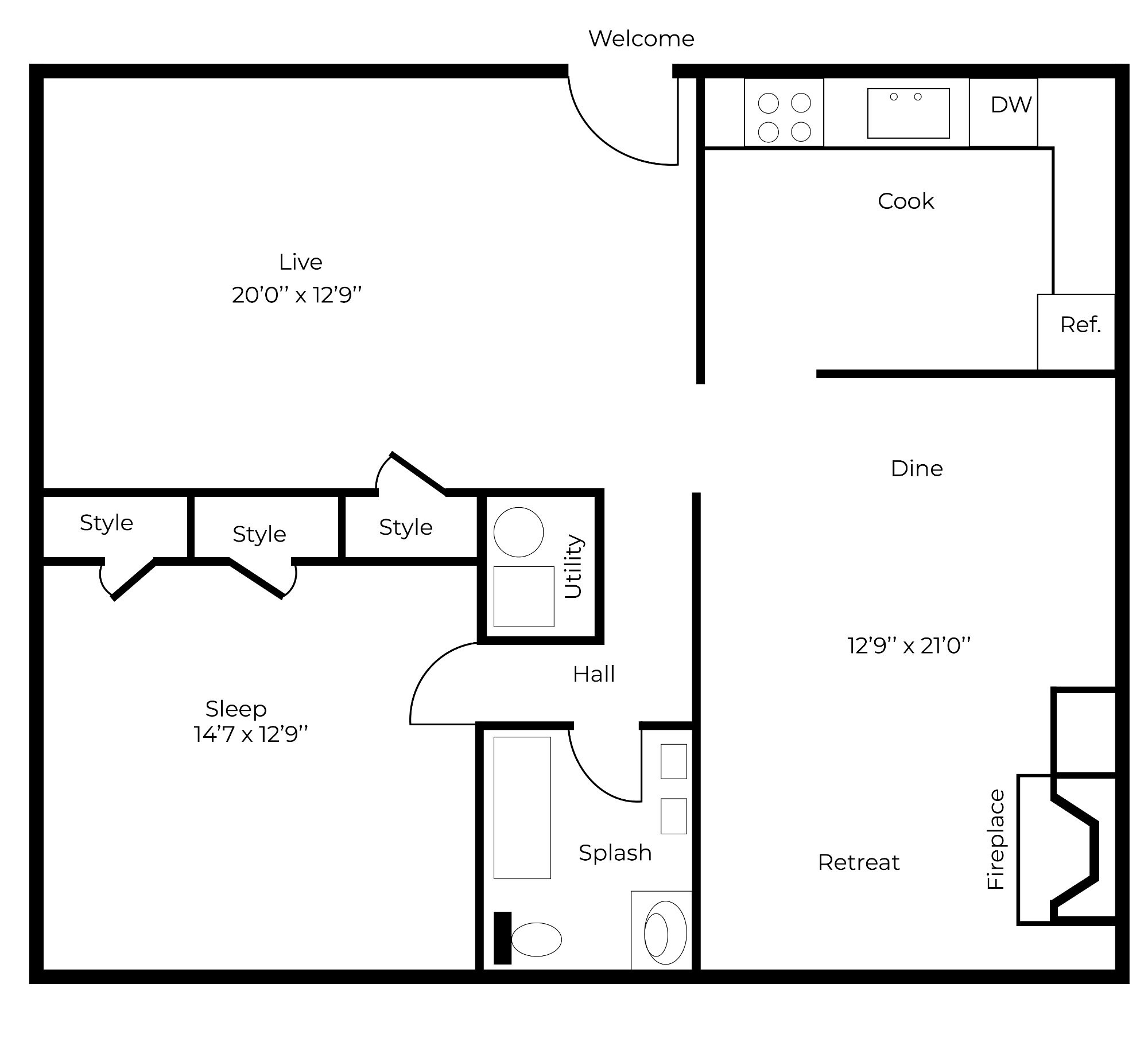 1 Bedroom 1 Bathroom Floor Plan Layout - Aztec Villa