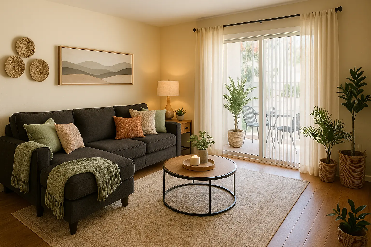 Aztec Villa 1-bedroom apartment living room with patio view