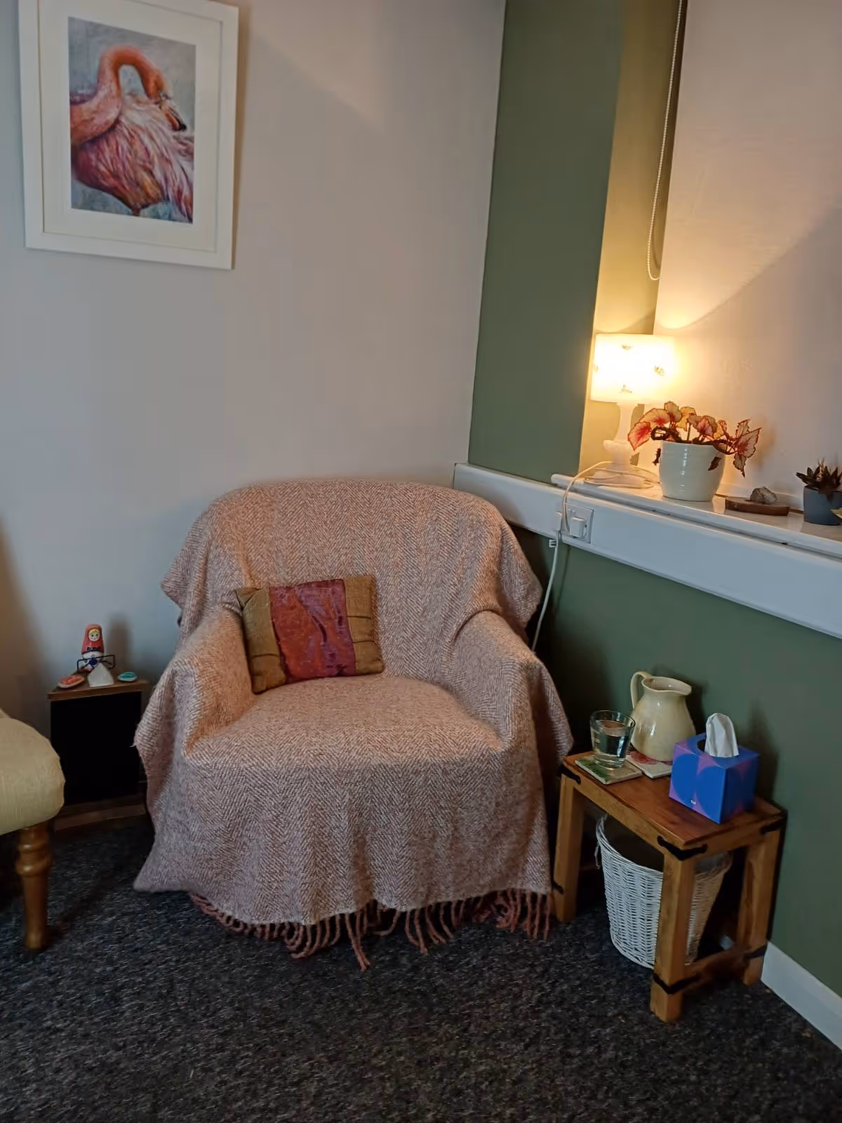 Comfortable therapeutic chair in Littlehampton, where clients can relax and feel heard during private, supportive counselling sessions with an experienced psychotherapist.