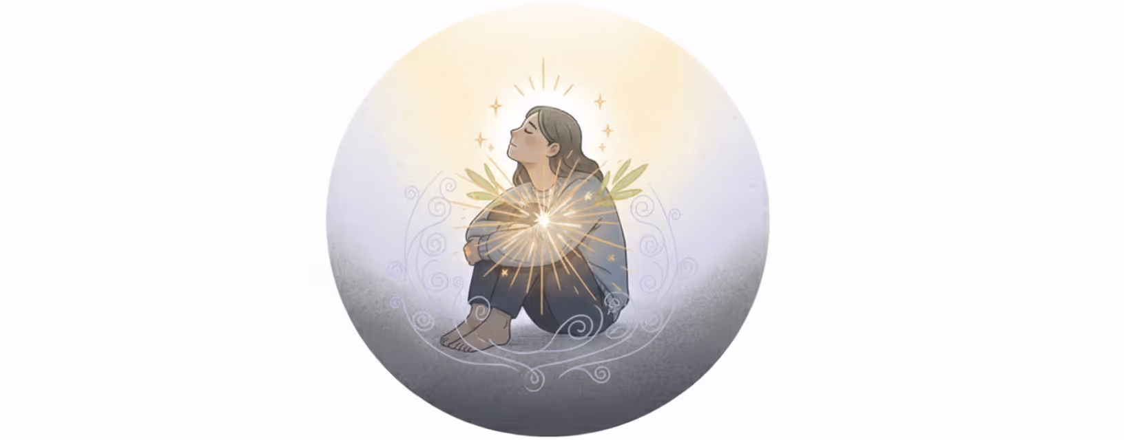 An illustration of a person sitting with their eyes closed, emitting bright golden light from their chest and head, with swirling patterns and leaves around them, symbolizing spiritual awakening.