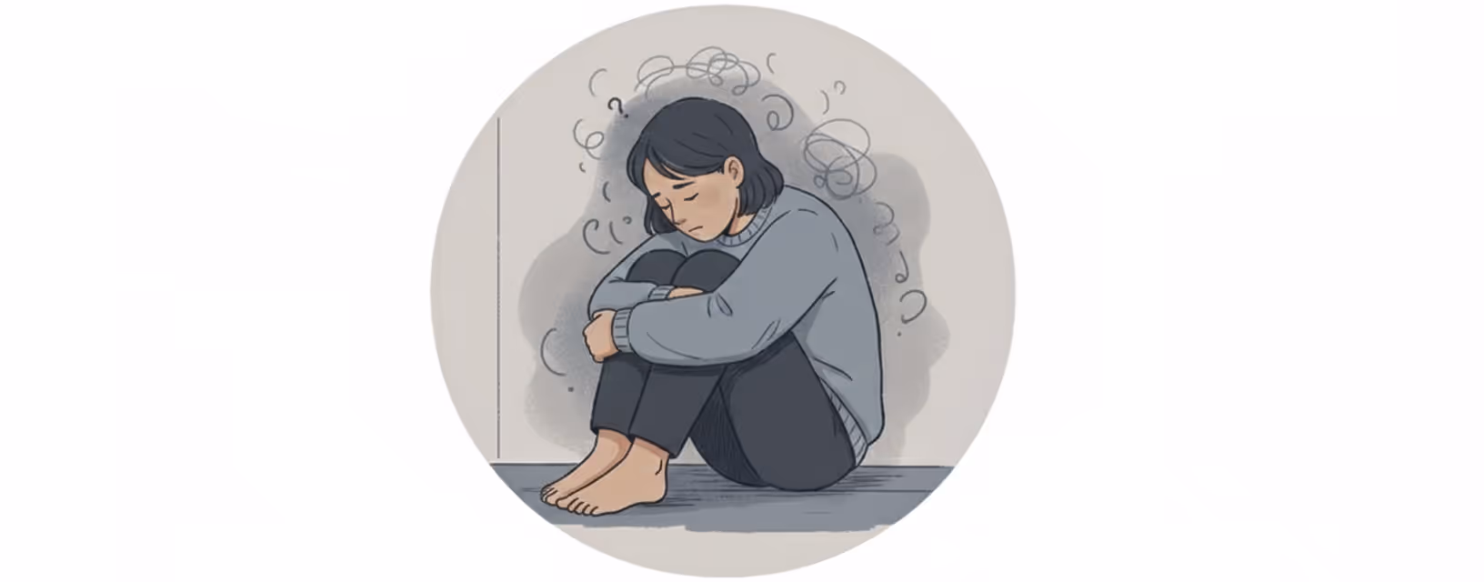 An illustration of a person with dark hair, sitting huddled with their knees to their chest, surrounded by dark, swirling lines and question marks, depicting depression.