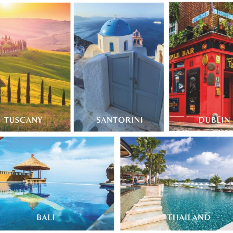 Travel photo collage: Tuscany, Santorini, Dublin, Bali, and Thailand