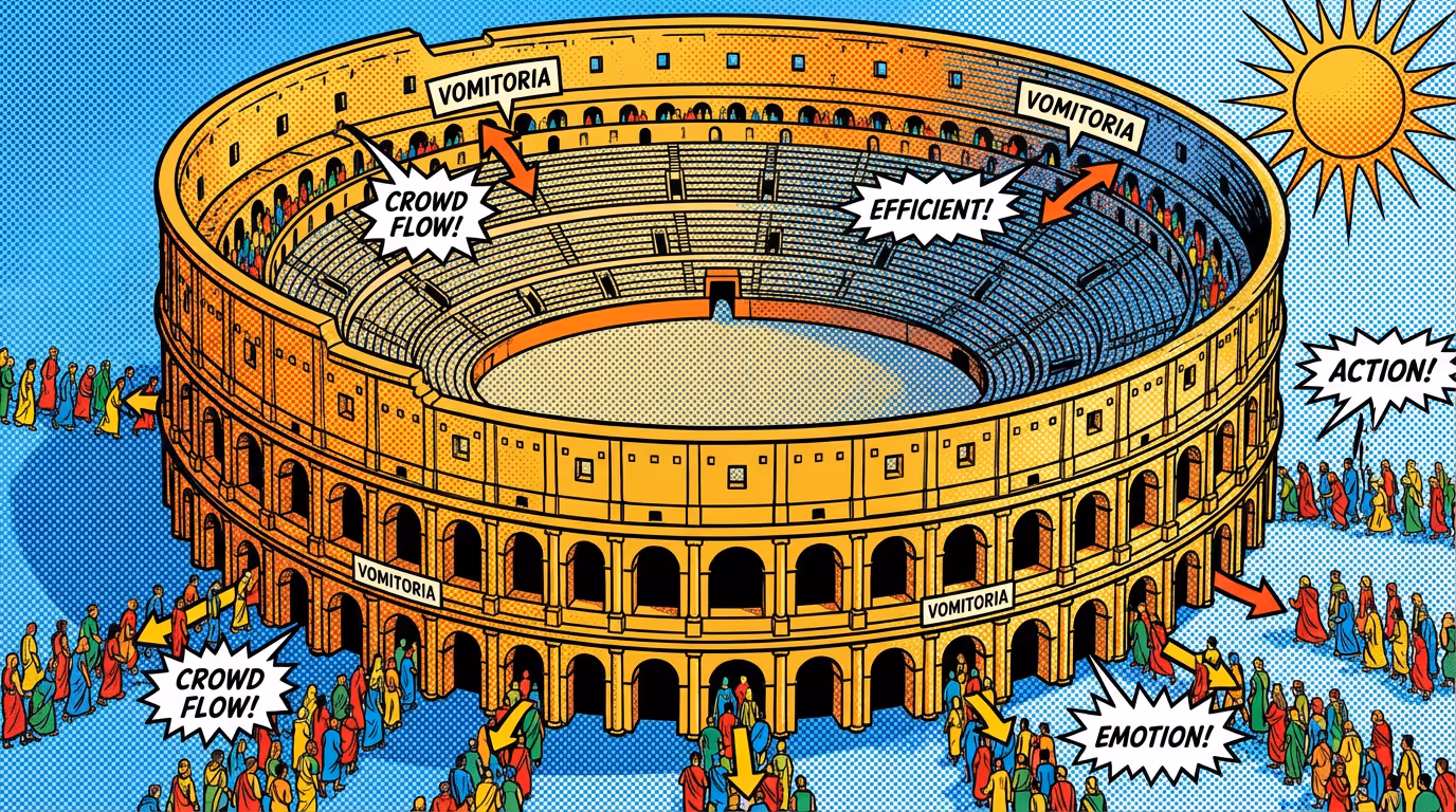 Roman Colosseum with crowds flowing through vomitoria