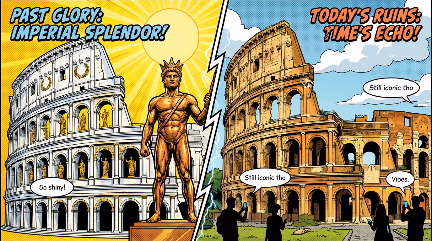 Split comparison of Colosseum's original marble glory vs modern ruins