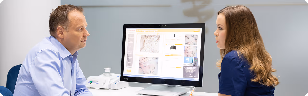 Mężczyzna i kobieta rozmawiają podczas konsultacji medycznej przy biurku z monitorem wyświetlającym analizę skóry głowy.