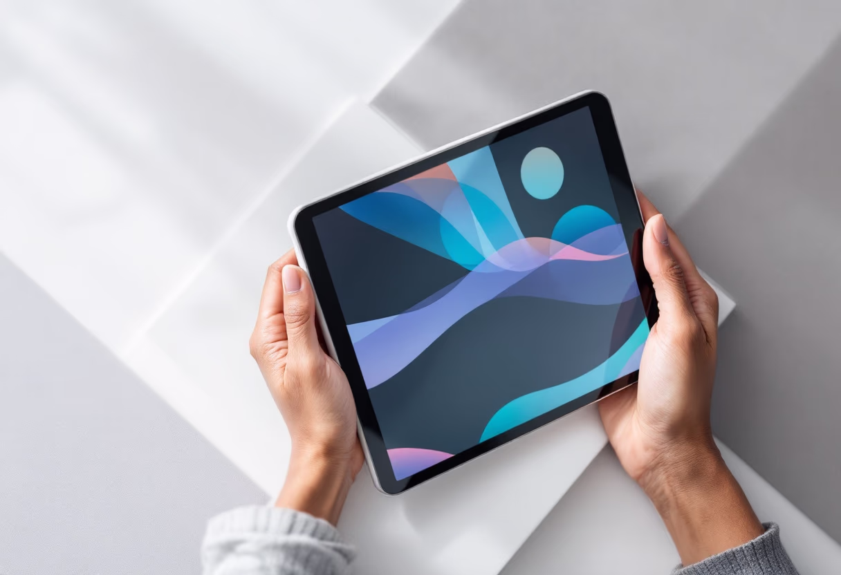 [interface] image of a mobile banking app interface on a tablet with hands interacting