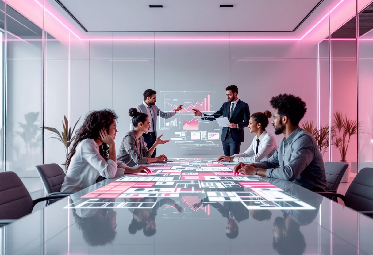 image of an ai marketing tech company's futuristic meeting setup