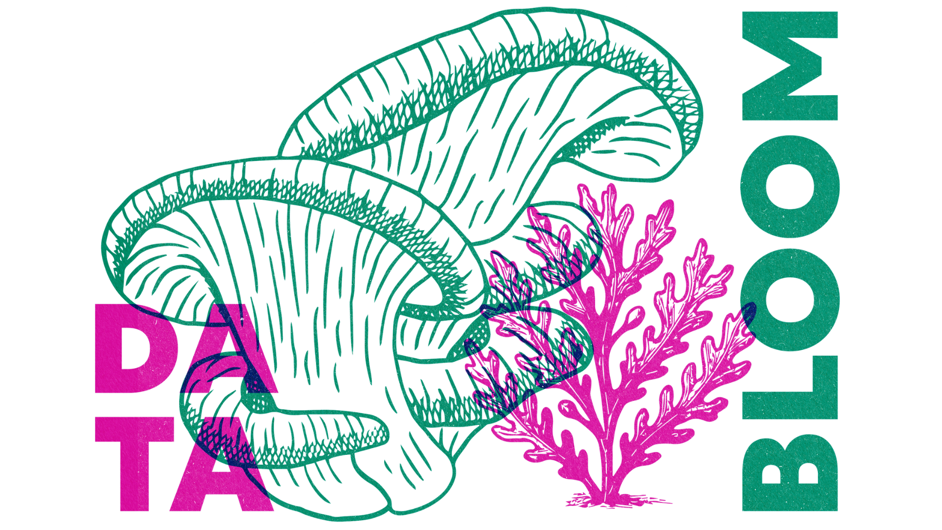 A risograph style image of a oyster mushroom, algae, and the words Data Bloom