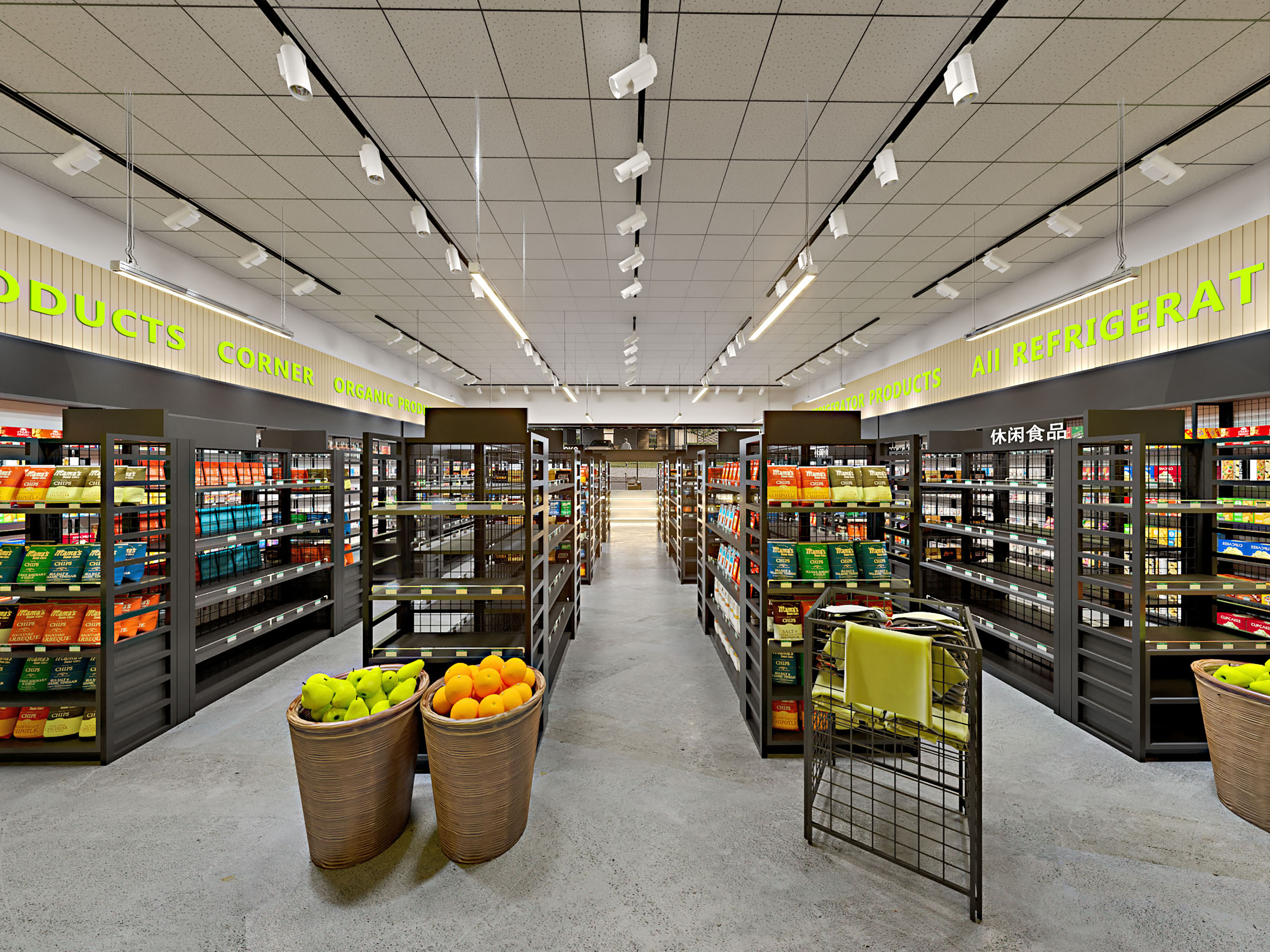 Products on shelves in a modern U.S. retail grocery store