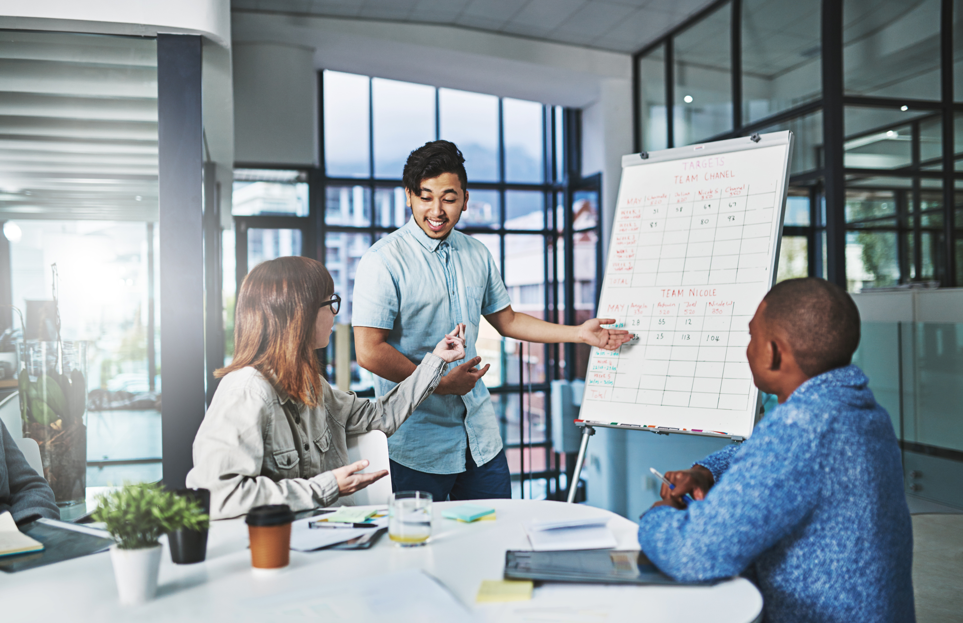 Manager leading an outsourced sales team in an office