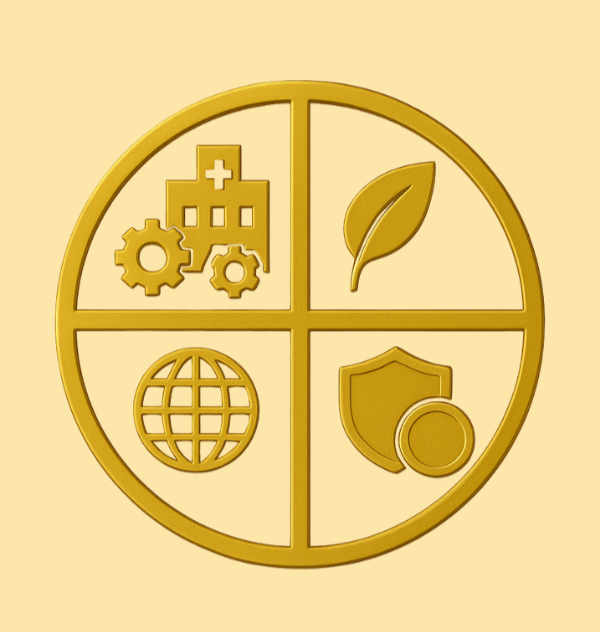 Baraka Prosperity Partners gold emblem with healthcare, sustainability, global, and finance icons.