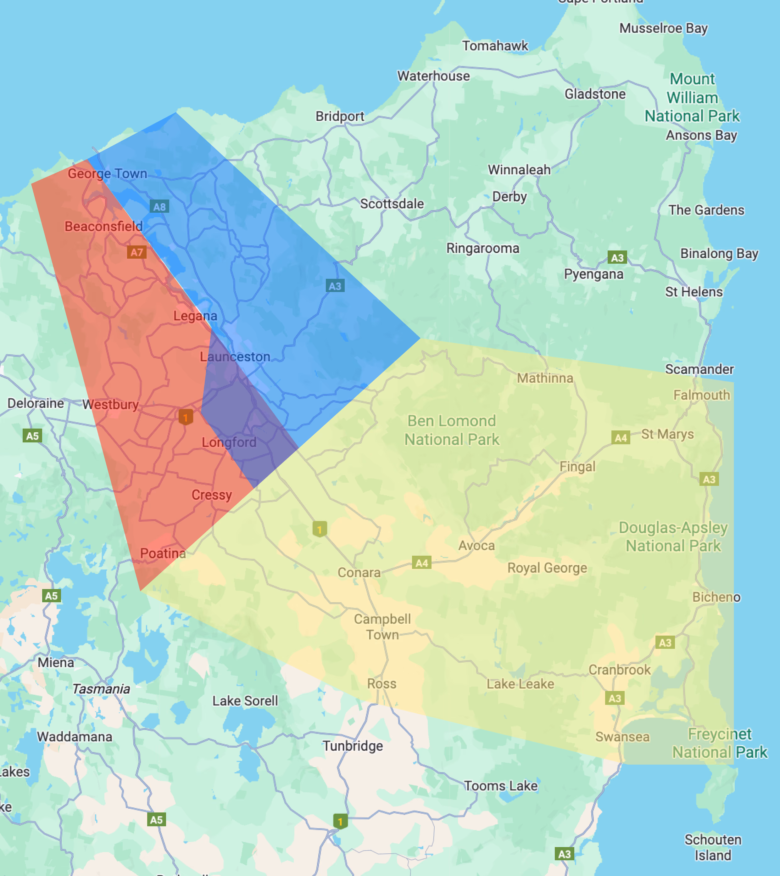 Map of northern Tasmania showing the three Adventure Vets service zones: West Tamar, East Tamar and the East Coast circuit