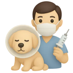 Illustration of a vet with a syringe beside a dog wearing a cone
