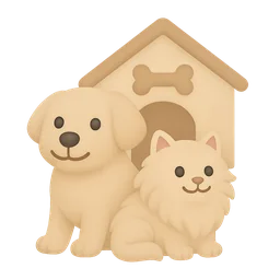 Illustration of a dog and a cat in front of a kennel