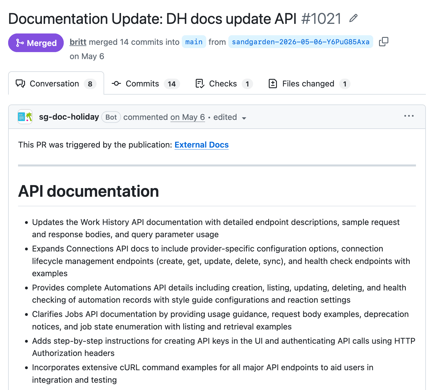 Merged pull request: Documentation Update — DH docs update API #1021, opened by the Doc Holiday bot