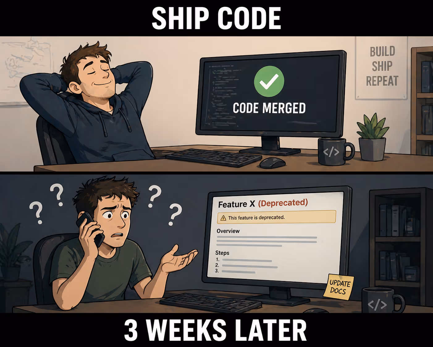 Developer celebrates code merge, then customer confusion appears weeks later.