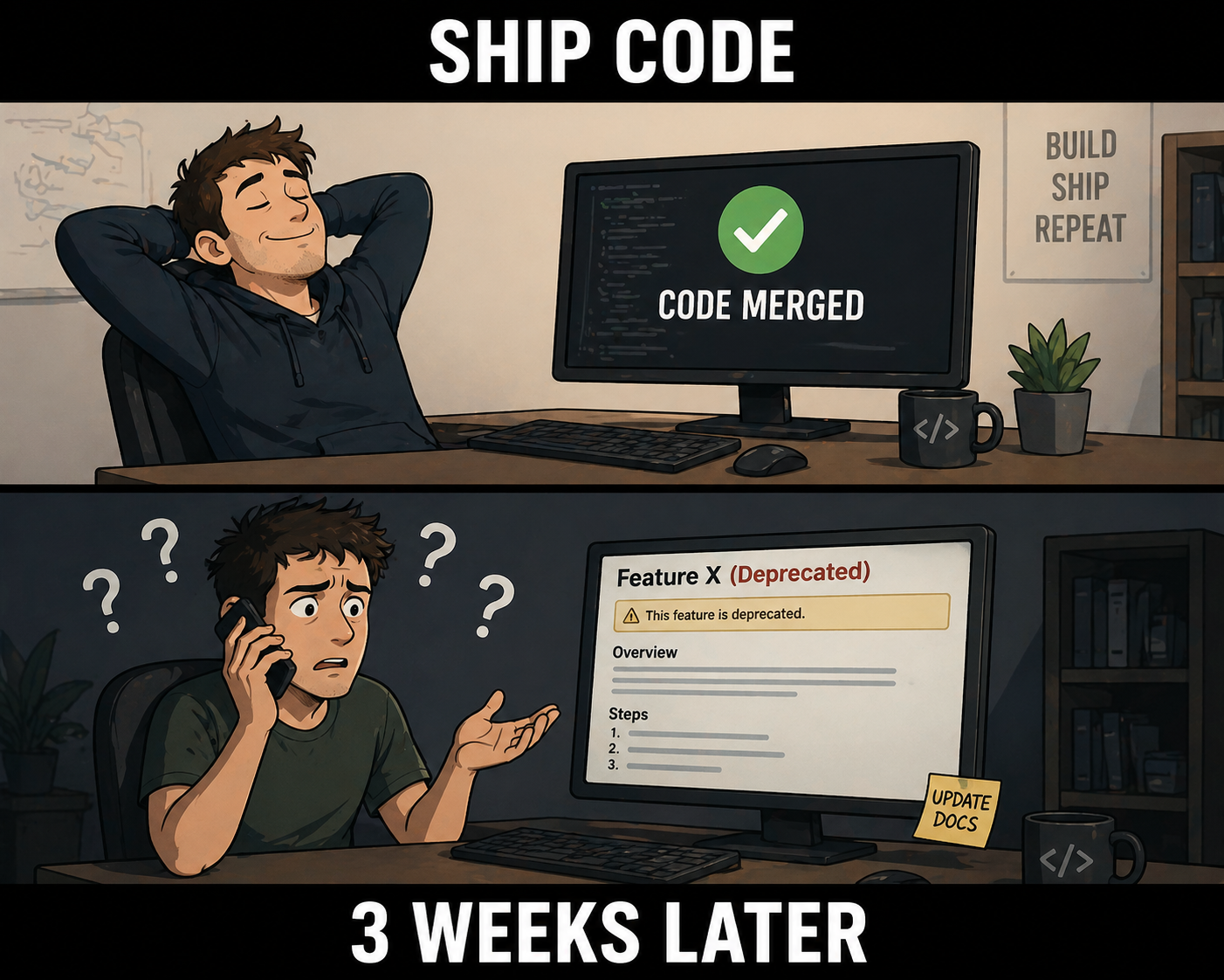 Developer celebrates code merge, then customer confusion appears weeks later.