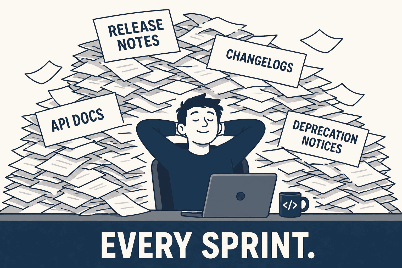 A calm person sits at a desk buried under towering stacks of documentation paperwork.
