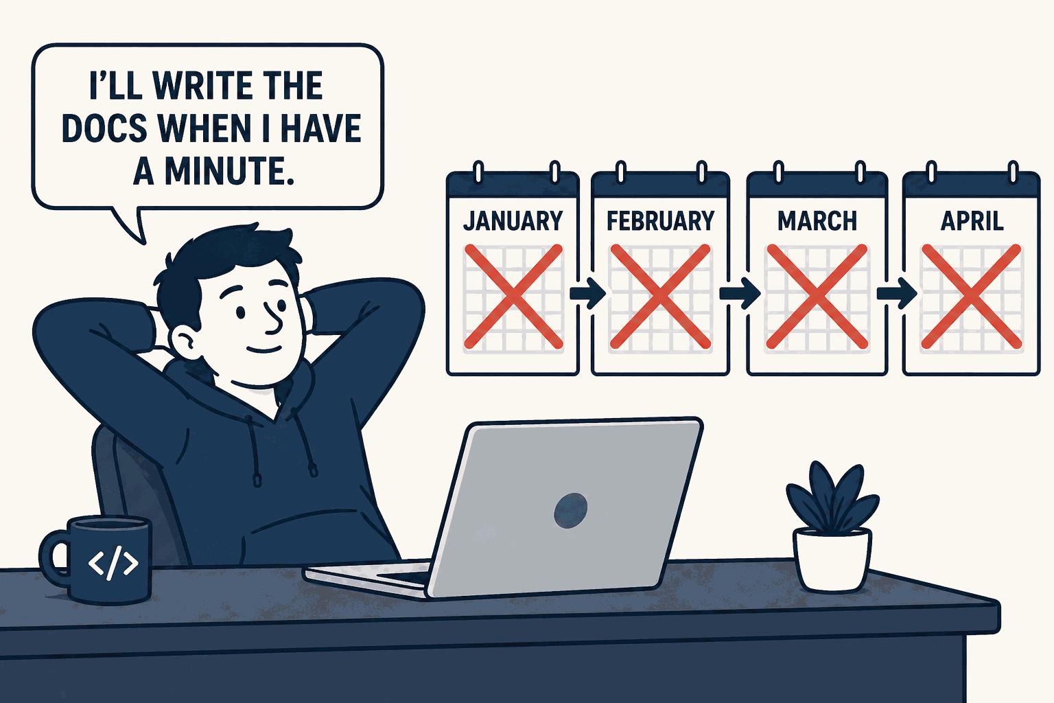 A developer promises to write documentation while months pass on the calendar behind them.