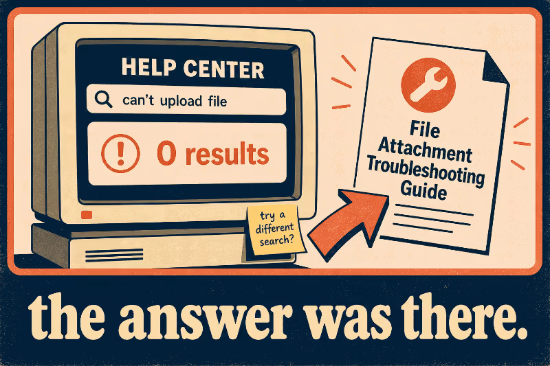 A retro monitor shows zero search results while the answer sits just outside the screen in plain sight.