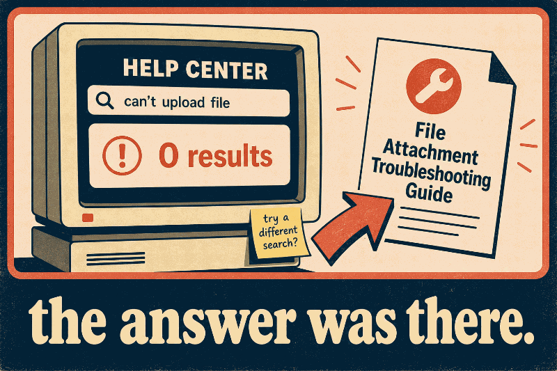 A retro monitor shows zero search results while the answer sits just outside the screen in plain sight.