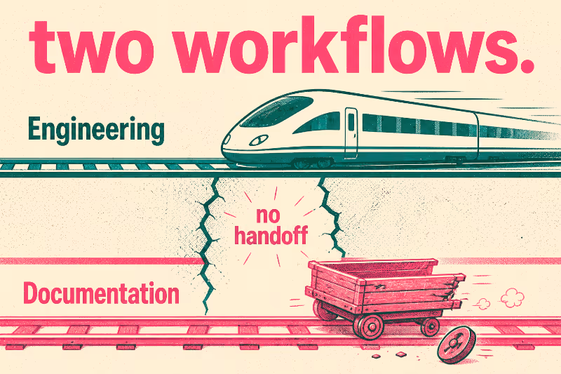Two railroad tracks show engineering speeding ahead while documentation falls behind on a broken-down cart.