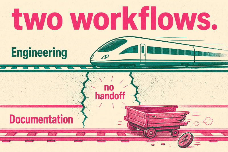Two railroad tracks show engineering speeding ahead while documentation falls behind on a broken-down cart.