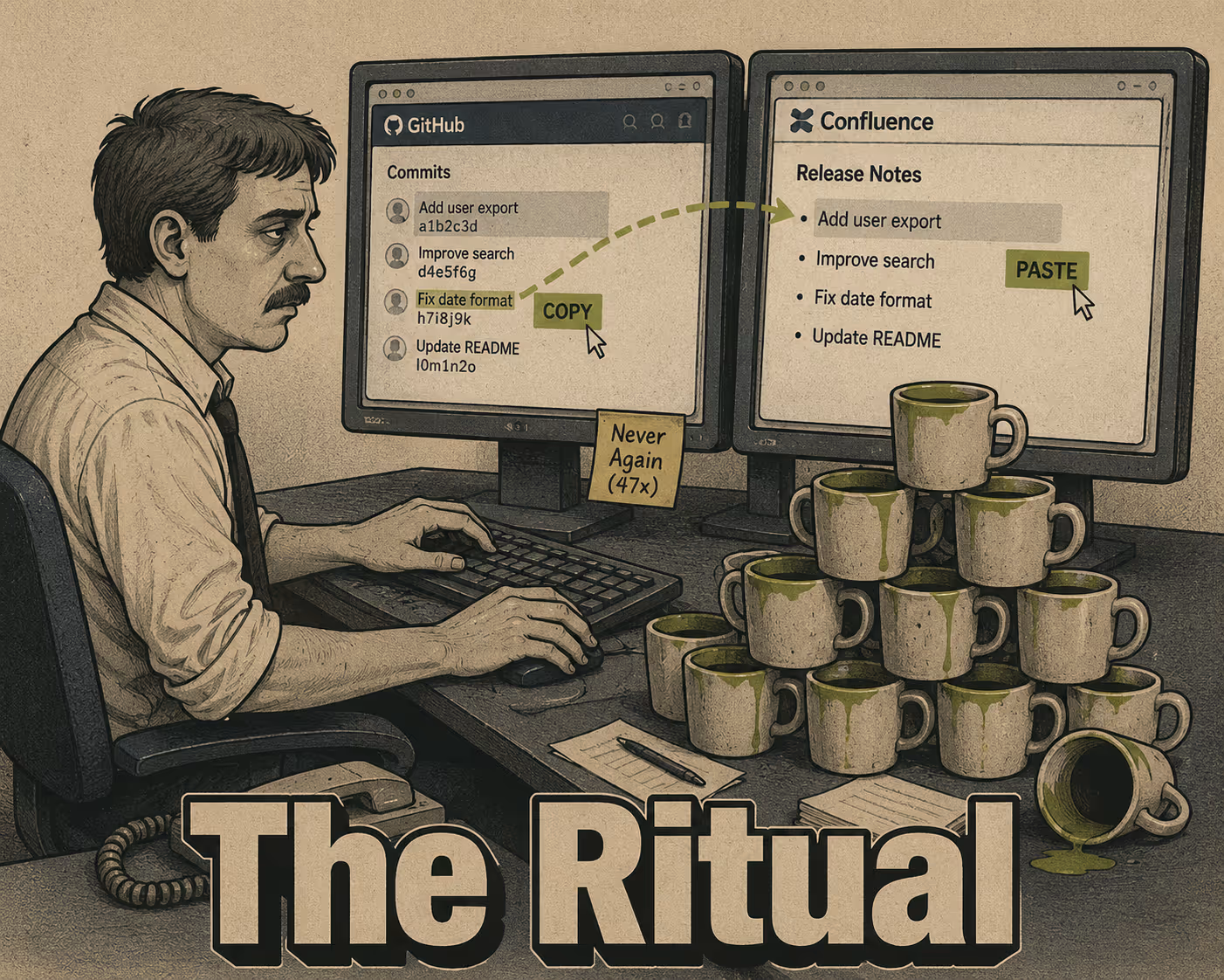Tired person copying text between GitHub and Confluence windows, surrounded by coffee cups