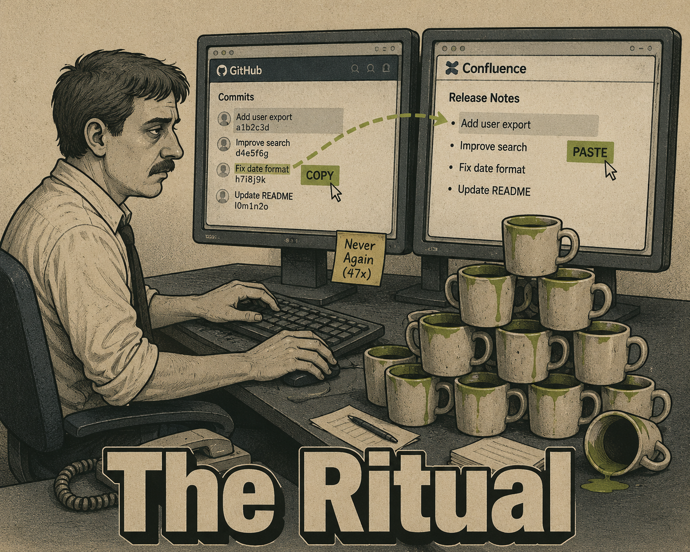 Tired person copying text between GitHub and Confluence windows, surrounded by coffee cups