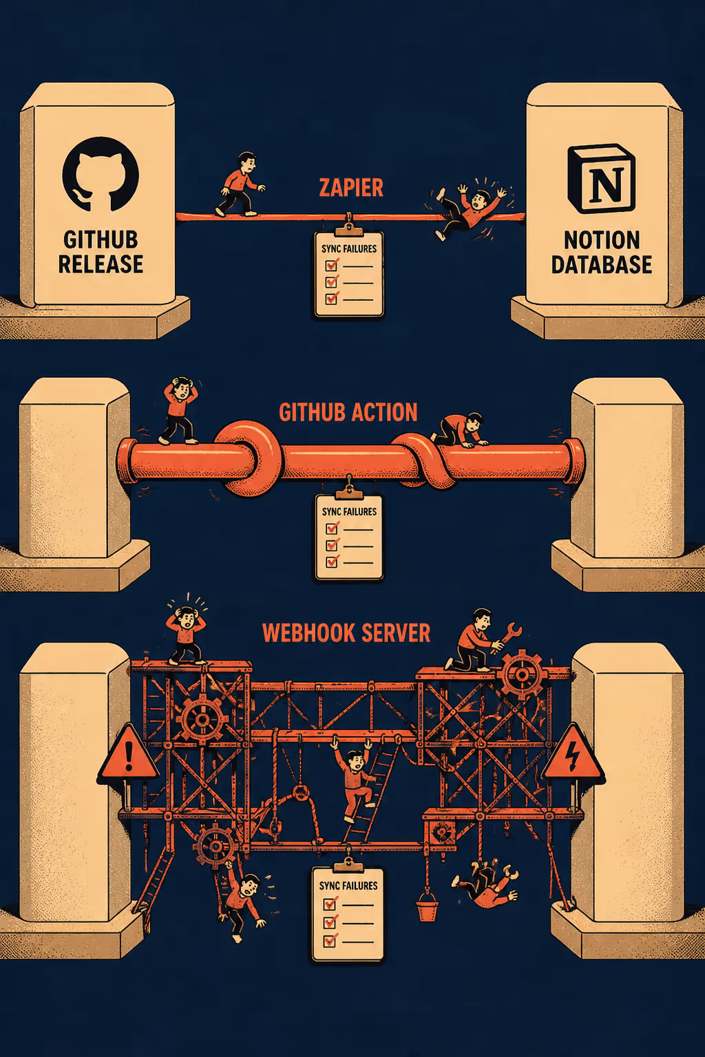 Two systems connected by three increasingly complex bridges labeled Zapier, GitHub Action, Webhook Server
