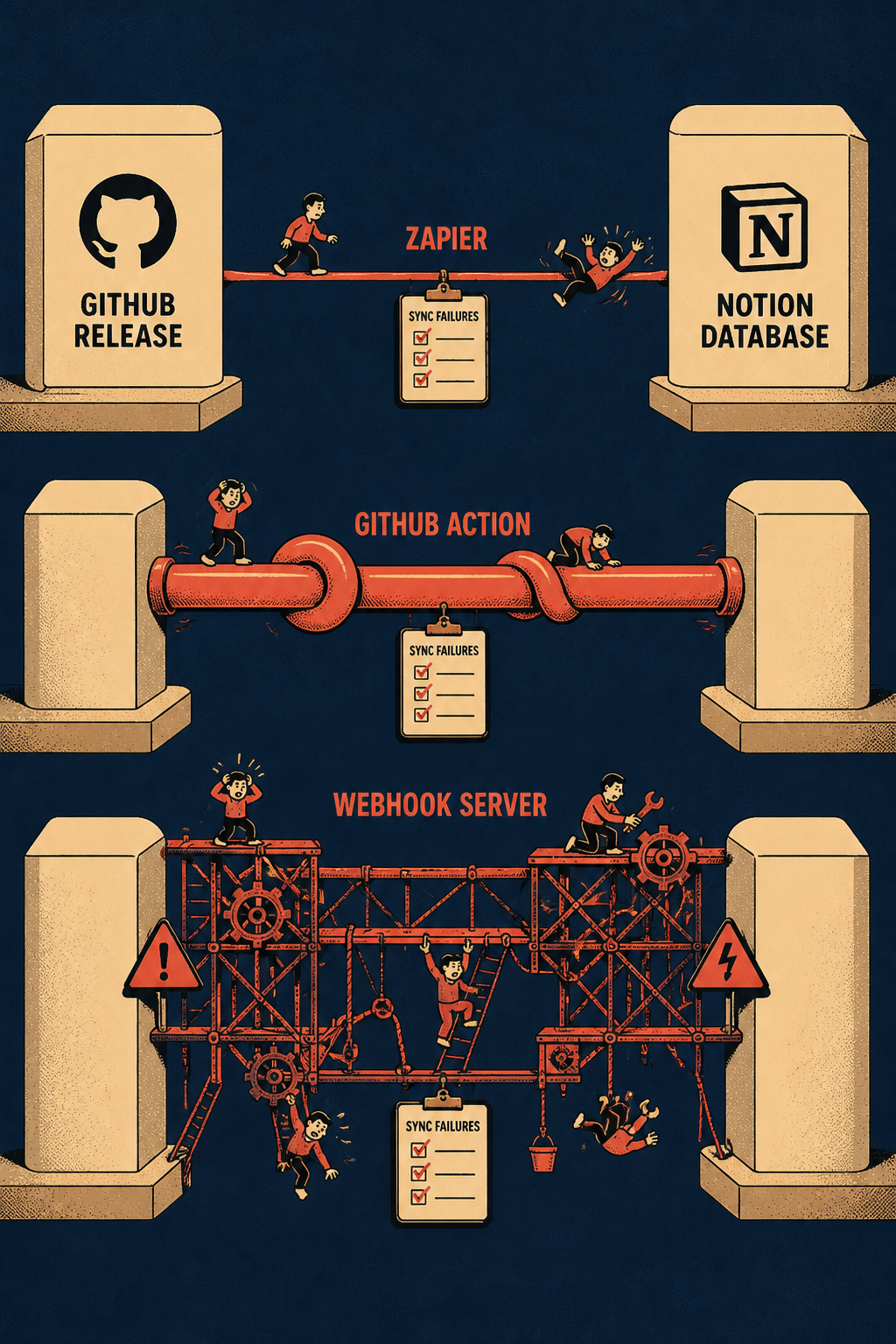 Two systems connected by three increasingly complex bridges labeled Zapier, GitHub Action, Webhook Server