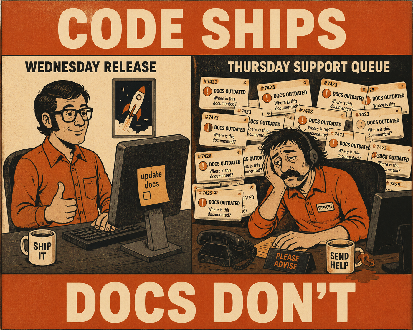 Engineer shipping code on Wednesday while support agent drowns in tickets on Thursday