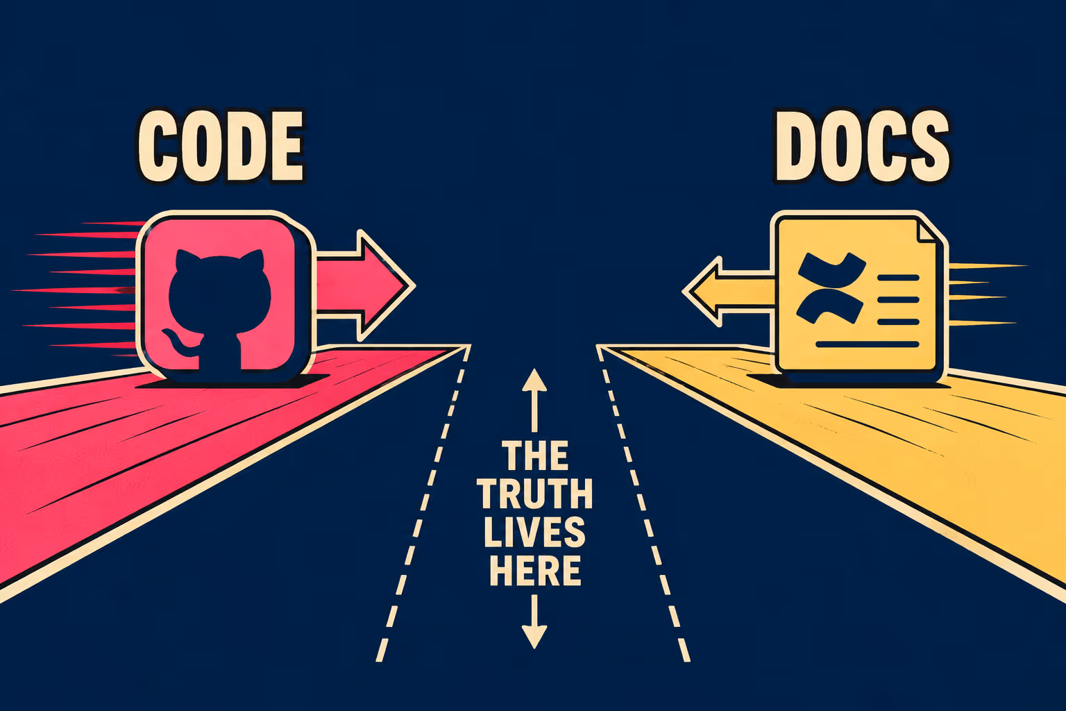 Two icons diverging in opposite directions with a widening gap labeled the truth lives here