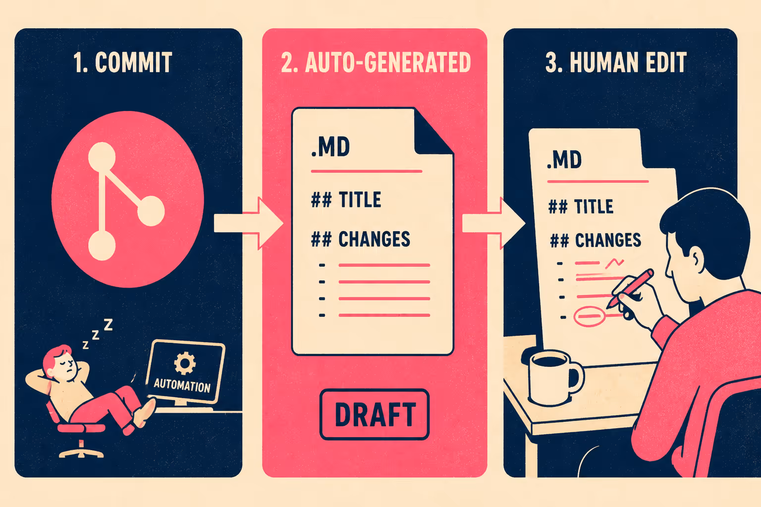 Three-stage workflow showing commits becoming draft markdown, then human review with red pen edits