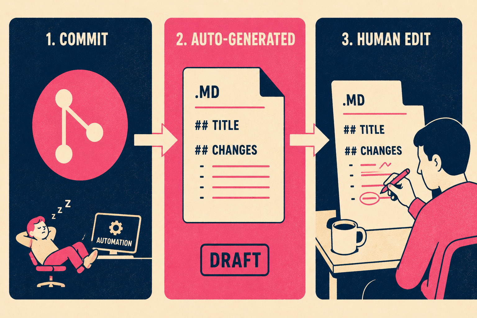 Three-stage workflow showing commits becoming draft markdown, then human review with red pen edits
