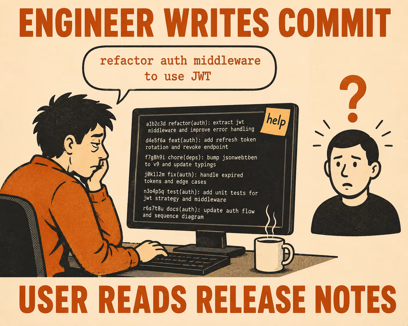 Person confused by technical commit messages displayed on screen, representing the gap between engineer and user language