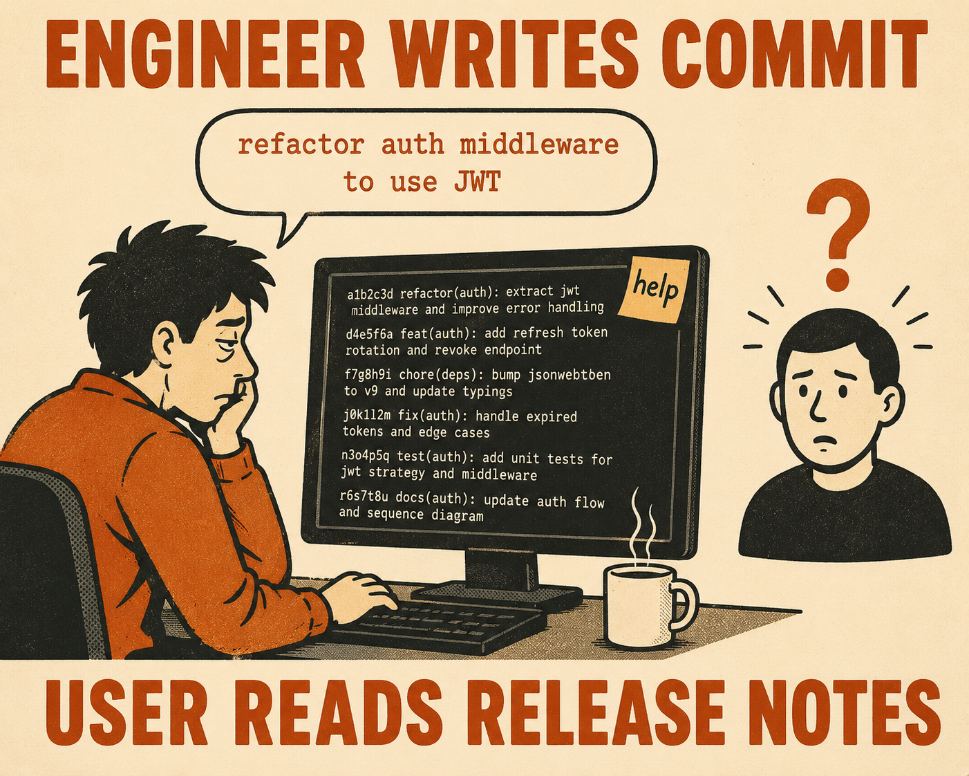 Person confused by technical commit messages displayed on screen, representing the gap between engineer and user language