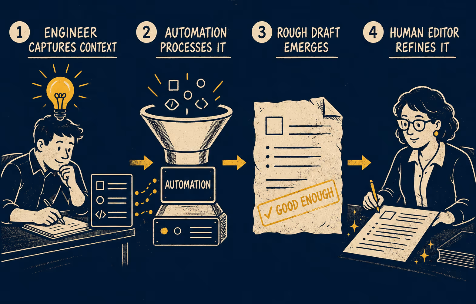 Flow diagram showing engineer input, automation processing, draft generation, and human review