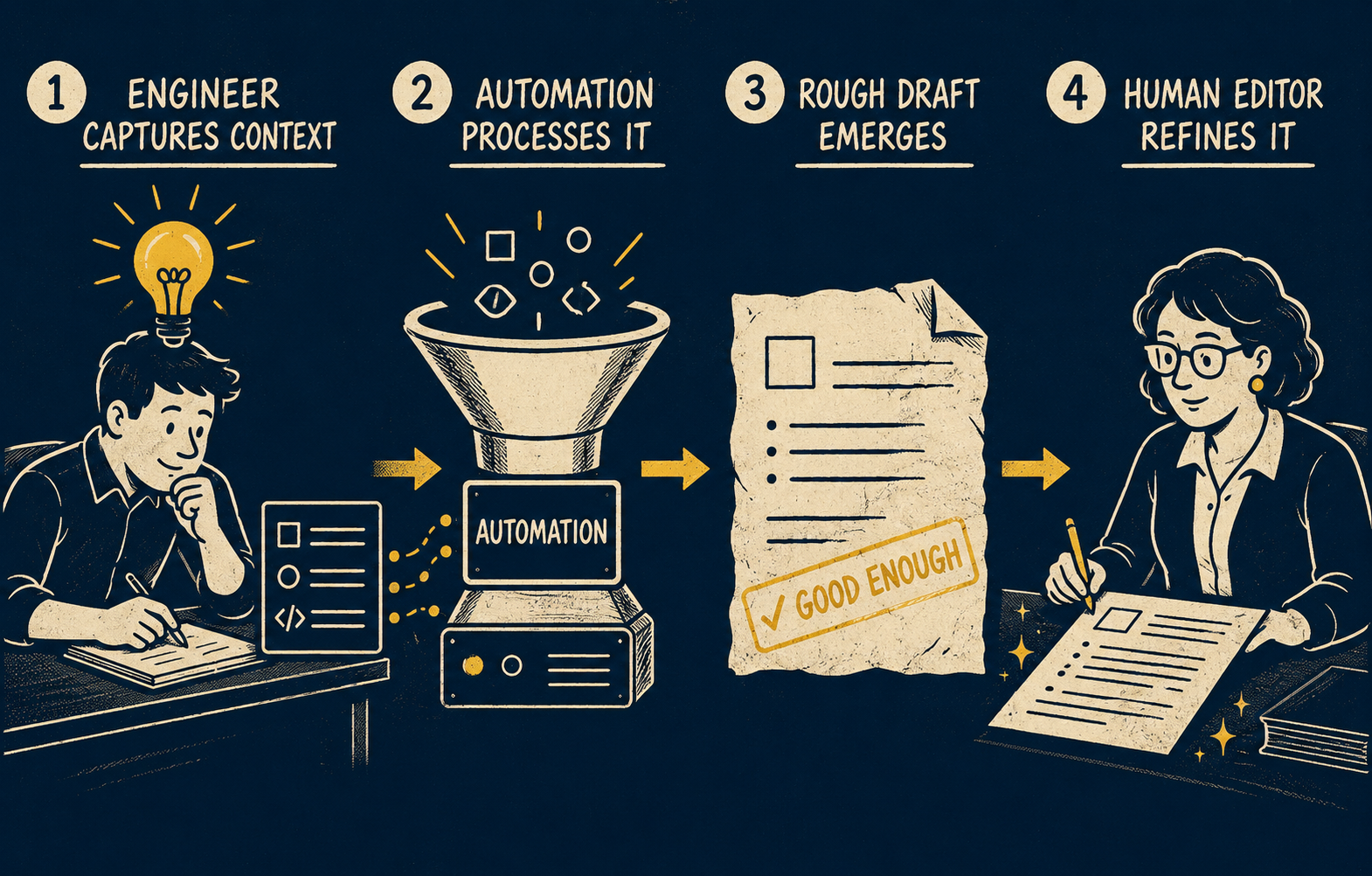 Flow diagram showing engineer input, automation processing, draft generation, and human review