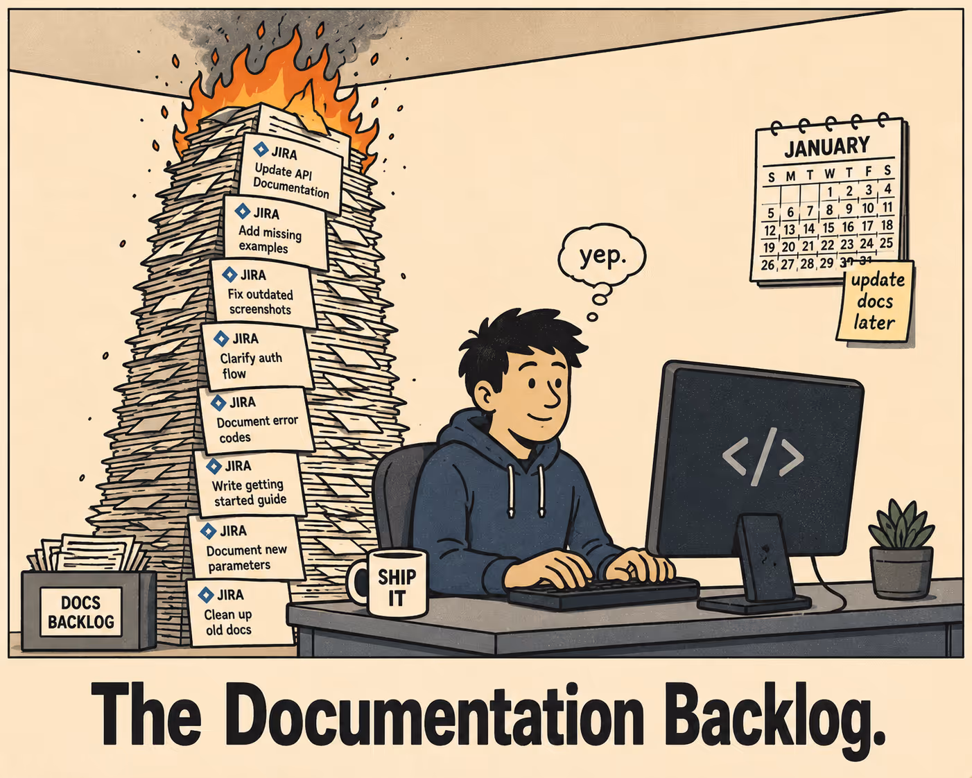 Developer calmly working while flaming stack of JIRA tickets towers behind them