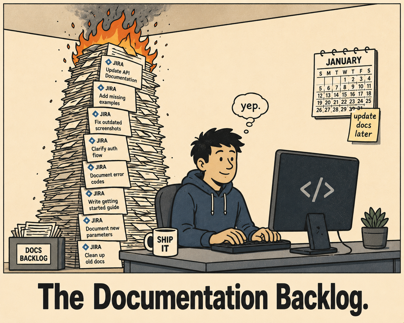 Developer calmly working while flaming stack of JIRA tickets towers behind them