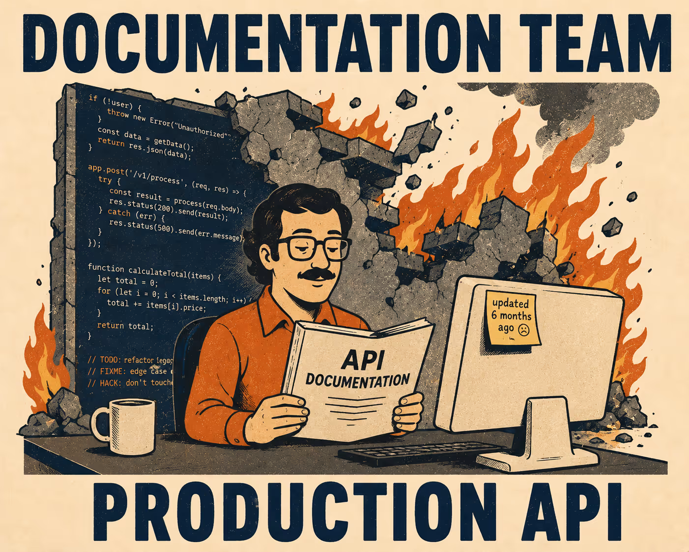 Developer calmly reading docs while code burns in background, labeled documentation versus reality