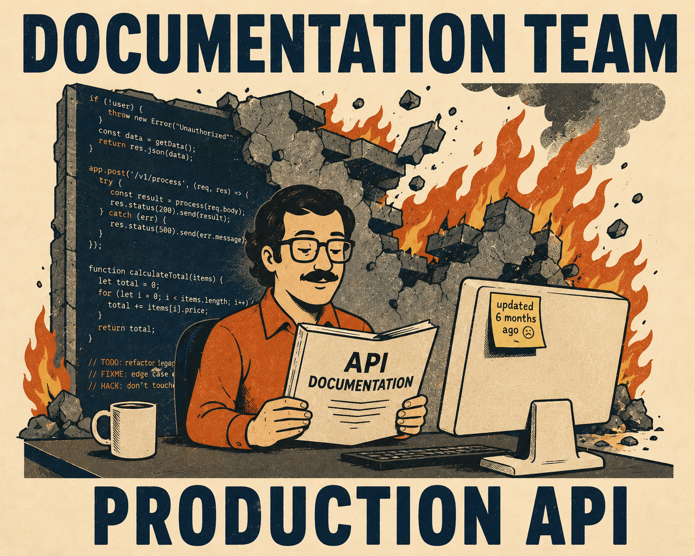 Developer calmly reading docs while code burns in background, labeled documentation versus reality