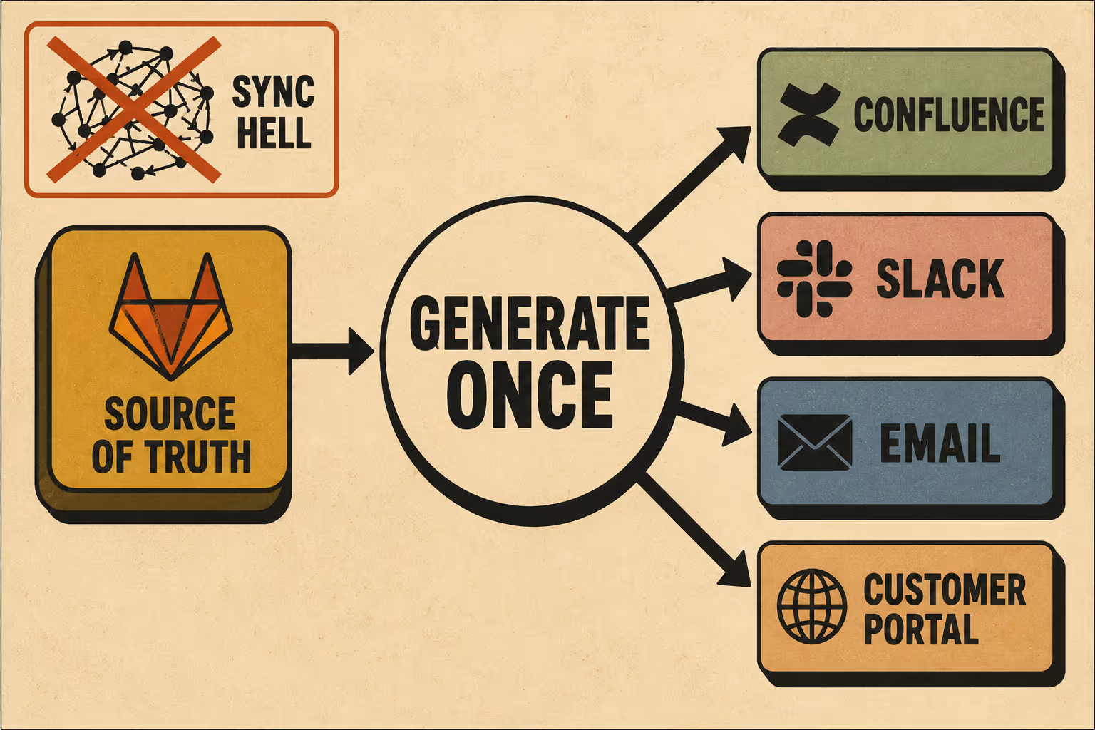 Diagram showing single source of truth distributing release notes to multiple platforms