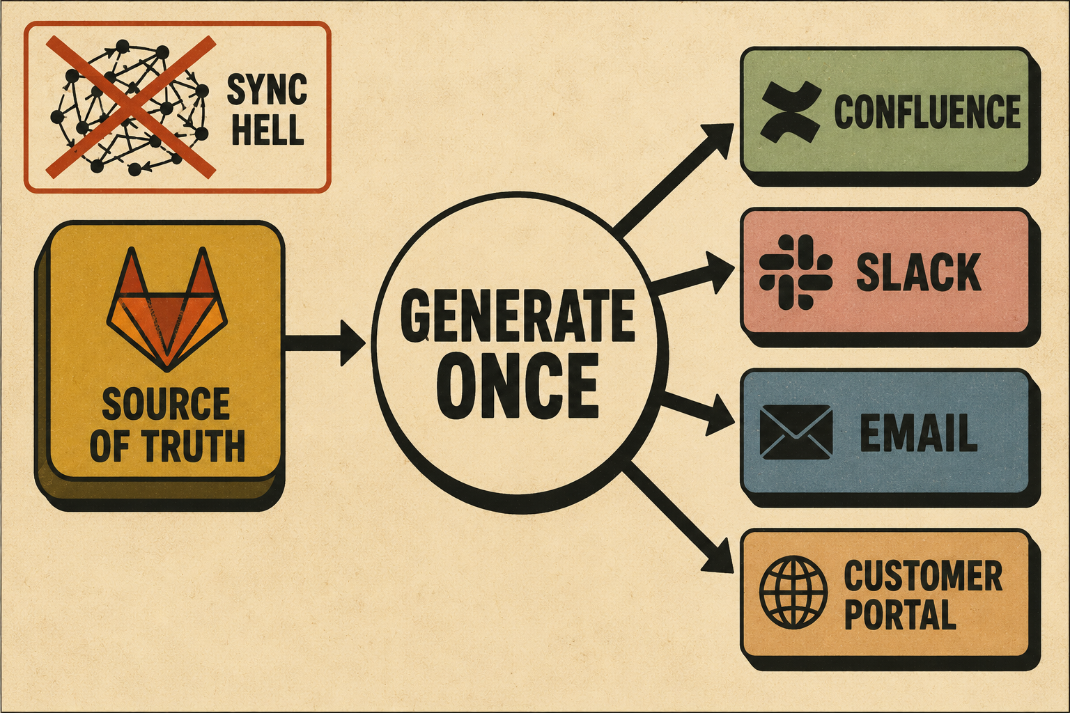 Diagram showing single source of truth distributing release notes to multiple platforms