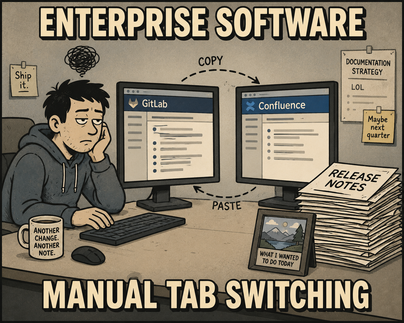 Engineer copying text between two browser tabs labeled GitLab and Confluence